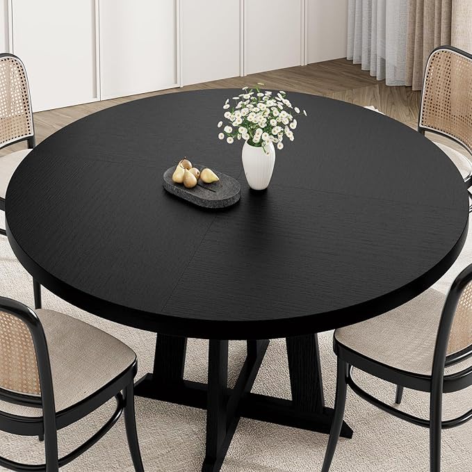 IDEALHOUSE Round Dining Table for 4, 47 Inches Dining Room Table with Wooden Base, Kitchen Table with Circle Tabletop, Dinner Table for Dining Room, Kitchen, Living Room, Black