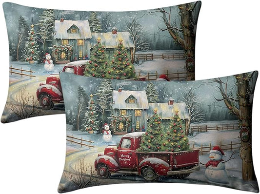 Christmas Lumbar Pillow Covers 12x20 Red Truck with Christmas Trees Snowman Rectangle Pillow Case Xmas Holiday Waist Cushion Case for Bedding Couch Patio Bench Set of 2