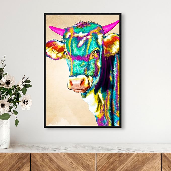 Country Farmhouse Canvas Print Painting Animal Wall Art 'Fun Colorful Glam Farm Cow' Black Framed Canvas Rustic Home Décor 16x24 in Green, Pink by Oliver Gal
