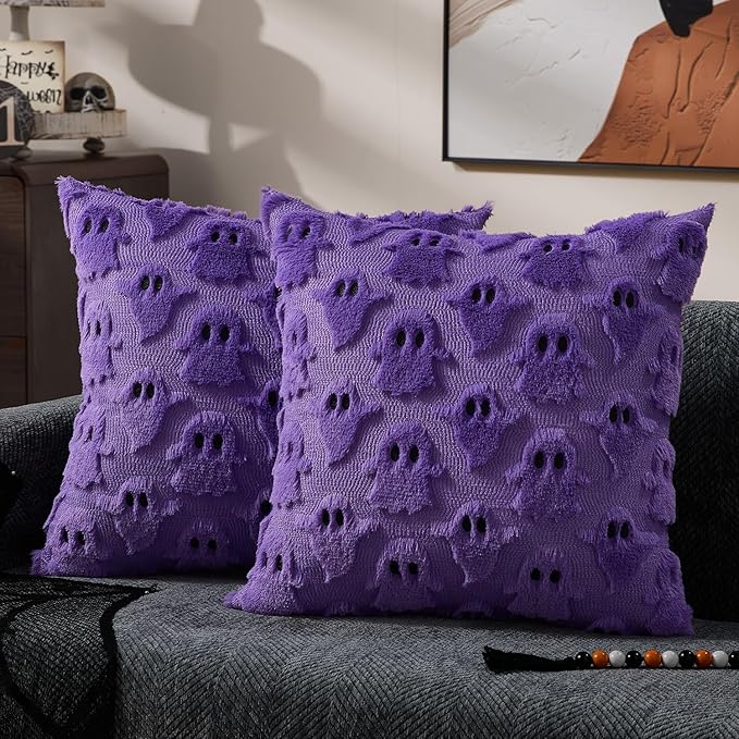DFXSZ Halloween Pillow Covers 20x20 inch Set of 2 Purple Ghost Throw Pillow Cases Soft Plush Faux Fur Wool Couch Cushion Case for Chair Sofa Bedroom Living Room Home Decor PTK03E20