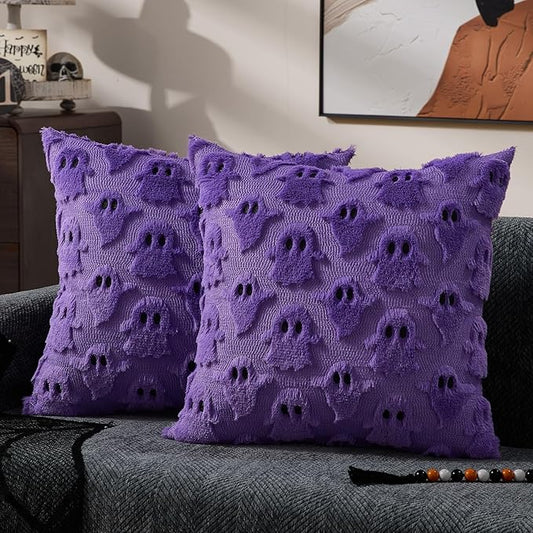 DFXSZ Halloween Pillow Covers 20x20 inch Set of 2 Purple Ghost Throw Pillow Cases Soft Plush Faux Fur Wool Couch Cushion Case for Chair Sofa Bedroom Living Room Home Decor PTK03E20