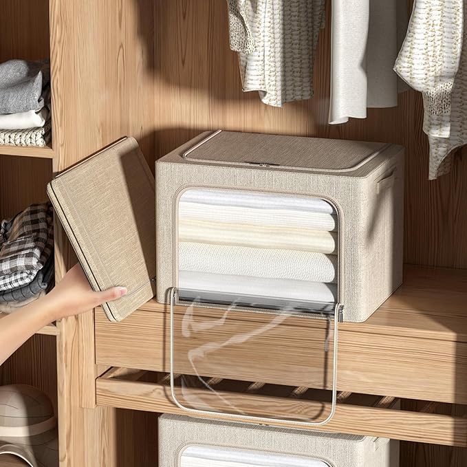 CYhom 4 Pack Clothes Storage Bins with Metal Frame - Linen Fabric Foldable Stackable Container Organizer Set with Clear Window & Carry Handles & Zippers (Beige, 15.7"x11.8"x7.8")