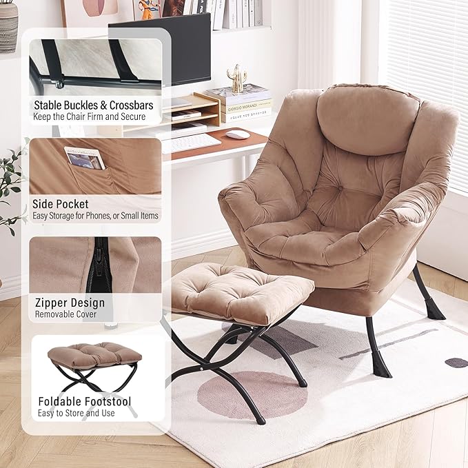 Lazy Chair with Ottoman, Modern Chair with Folding Footrest, Velvet Khaki Accent Chair, Comfortable Reading Chair, Oversized Armchairs for Bedroom, Study, Living Room, Courtyard