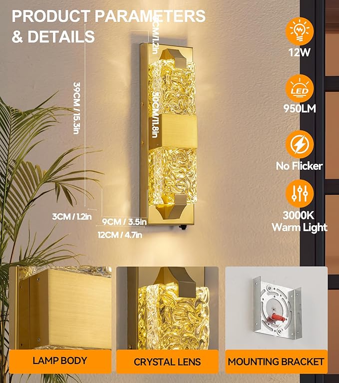 Dusk to Dawn Outdoor Lighting 15.6'' Porch Lights Outdoor IP65 Waterproof Gold Exterior Lighting Fixtures 12W LED Ripple Crystal Glass Modern Outside Light for House Hallway Doorway Patio 1PCS