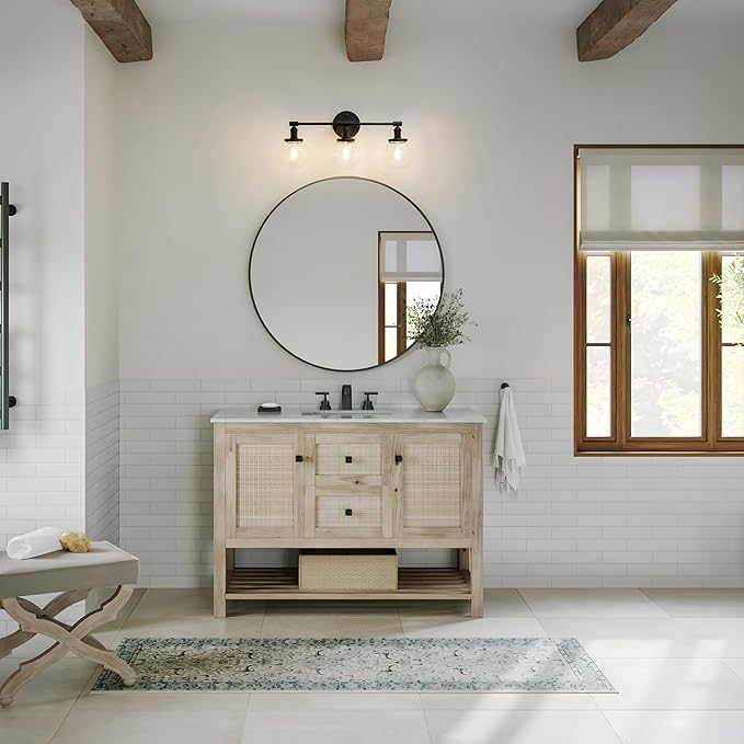 PERMO Vintage Wall Sconce Antique 3 Lights Modern Vanity Light Over Mirror Sconce with 5.9" Round Clear Glass Globe Shade (Black)