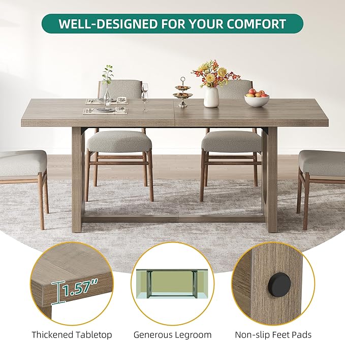 YITAHOME 70.86 Inch Dining Table for 6-8 People, Large Rectangle Dining Room Table with Wooden Base Leg Heavy Duty, Farmhouse Rustic Kitchen Dinner Table for Apartment Living Room, Grey Oak