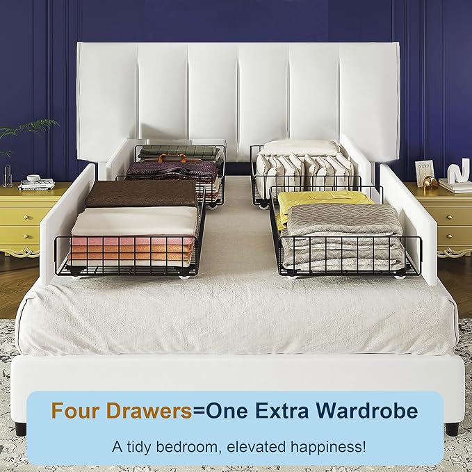 VECELO Full Size Bed Frame with 4 Storage Drawers, Adjustable Height Headboard, Heavy-Duty Platform Bedframe with Strong Wooden Slats, No Box Spring Needed, Pure White