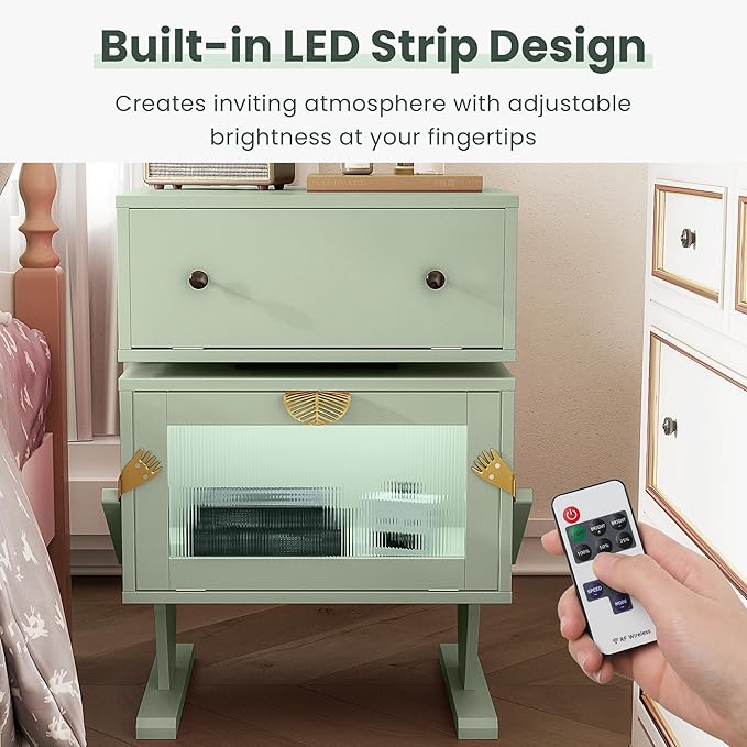 RoyalCraft Nightstand with LED Light Strips, Green End Table with 360° Rotating Drawer, Modern Bedside Table with Glass Door Storage, Wood Night Stand Cabinet for Bedroom, Home Office, Green
