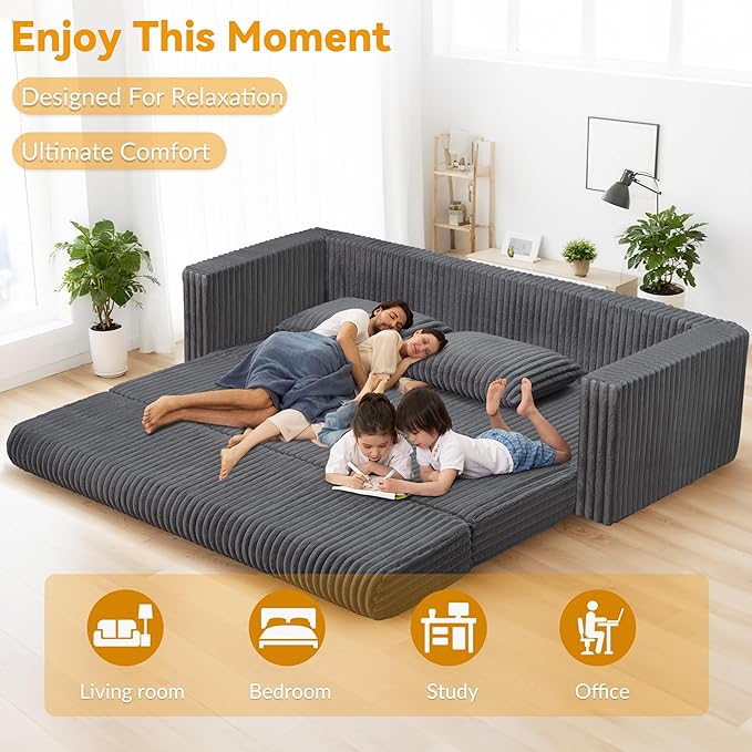 HABUTWAY Folding Sofa Bed, 2 in 1 Convertible Sleeper Chair with 2 Pillows, Portable Fold Out Chair Bed with Armrest, Comfy Floor Couch, Lazy Sofa for Living Room Bedroom Dorm Home Office, Grey