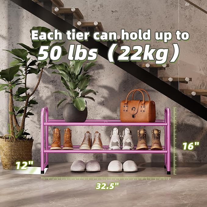 SUFAUY 2 Tier 33" Wide Shoe Rack Closet Metal Mesh, Stackable, Pink