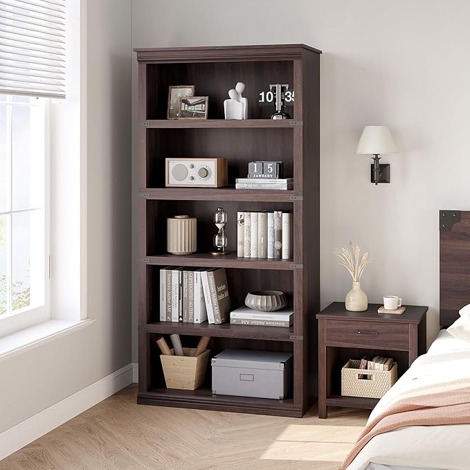 5 Tier Farmhouse Bookcase, 67.4 in Tall Book Shelf with Storage, Wooden Bookshelves 5 Shelf Display Shelvesfor Home Office, Living Room, Bed Room (Cherry, 67.4 in H x 31.5 in W x 12.8 in D)