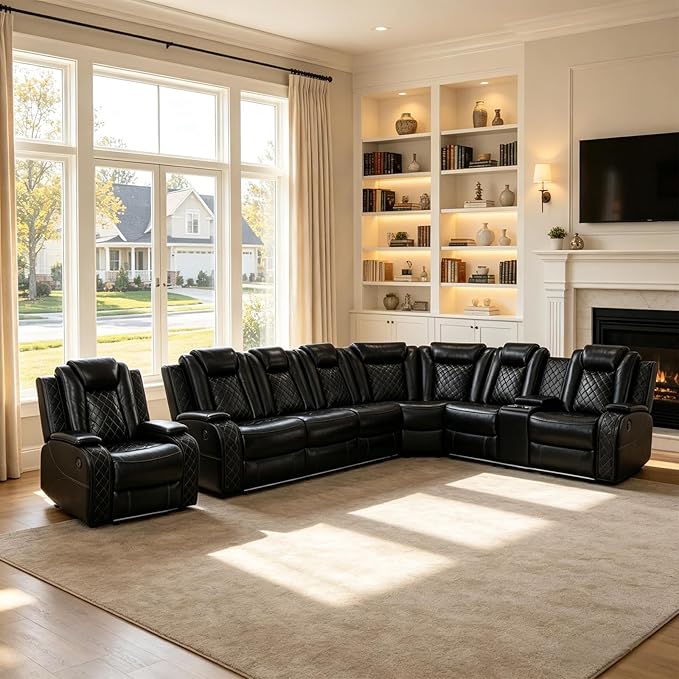 Power Reclining Sectional Sofa Set, Leather Sectional Couch with LED Lights, USB Ports, Storage Console & Cup Holders, L-Shaped Living Room Furniture for Home Theater