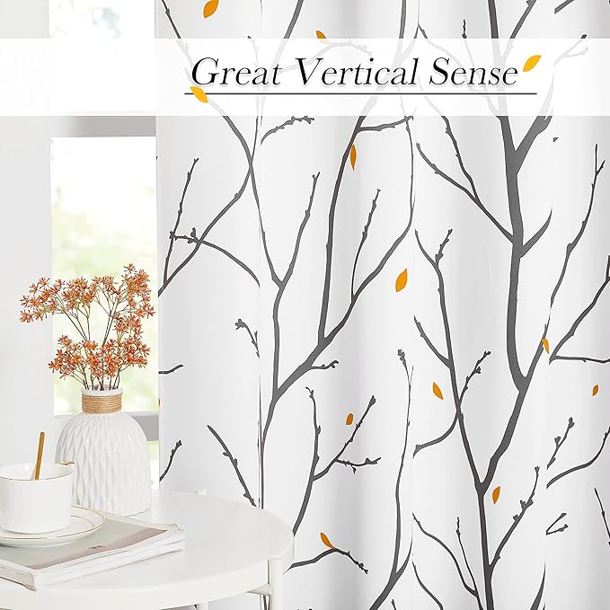 NICETOWN Room Darkening Fall Curtains for Bedroom 84 inch Length, Grommet Branch Thermal Window Drapes with Rain of Petals for Living Room, Grey, W52 x L84, 2 PCs