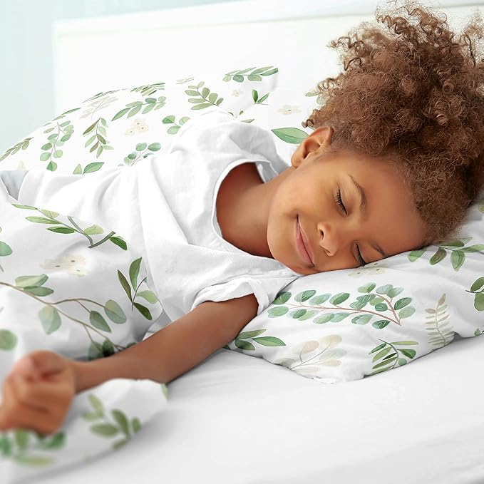 Sweet Jojo Designs Floral Leaf Girl Full/Queen Bedding Comforter Set Kids Childrens Size - 3 Pieces - Green and White Boho Watercolor Botanical Woodland Tropical Garden