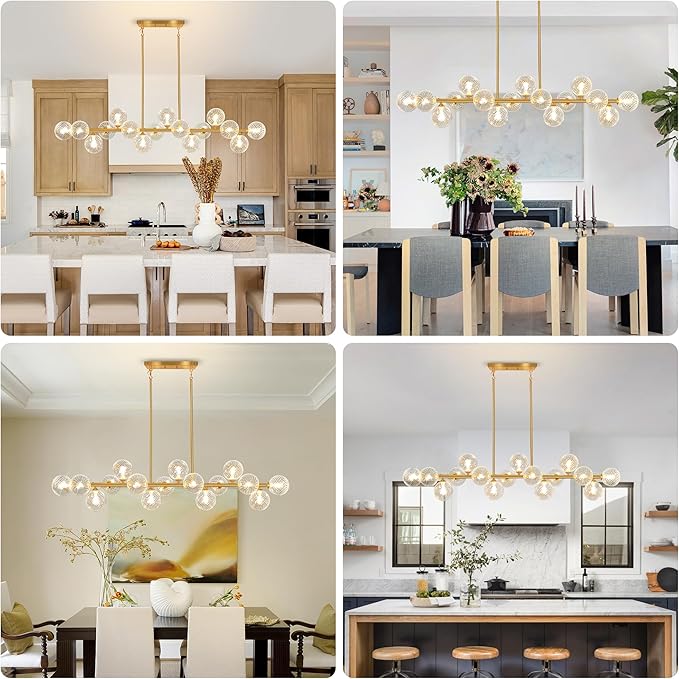 Modern Chandeliers for Dining Room Swirled Glass 55" Gold Linear Sputnik Chandelier 16-Light Large Chandelier Bubble Dining Room Light Fixture Linear Island Lights for Kitchen, Electroplated Brass