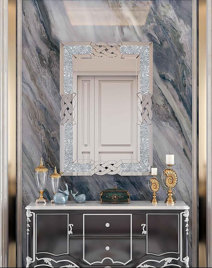 Crushed Diamond Mirror Silver Vanity Rectangular Wall Decor 40x28 inch