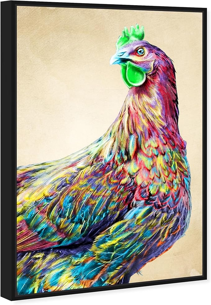 Country Farmhouse Canvas Print Painting Animal Wall Art 'Fun Colorful Glam Rooster' Black Framed Canvas Rustic Home Décor 24x36 in Pink, Green by Oliver Gal