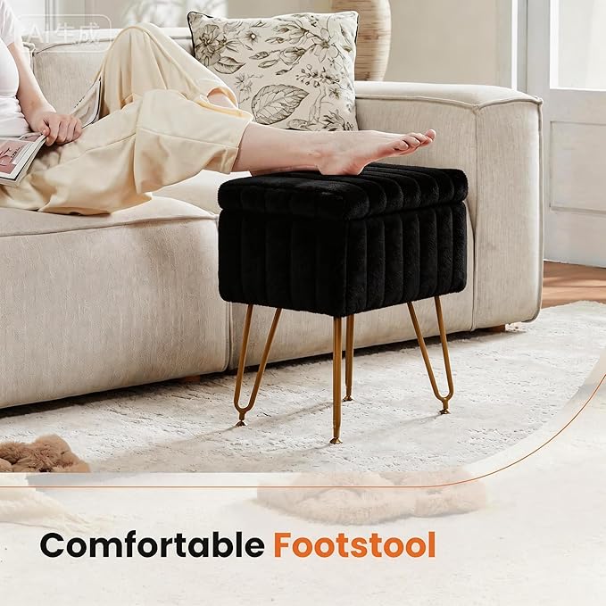 DUMOS Vanity Stool Chair, Ottoman with Storage, Makeup Cute Soft Small Footstool, Modern Style Faux Fur Seat with 4 Metal Legs & Adjustable Feet for Dressing, Living Room, Bedroom, Dorm, Black
