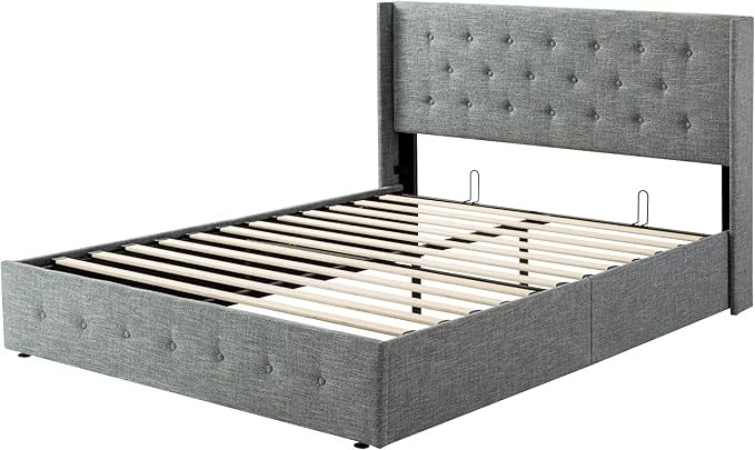 SHA CERLIN Queen Size Lift Up Storage Bed Frame,Button Tufted Wingback Headboard,Upholstered Platform,Hydraulic Storage,Wooden Slat Support,No Box Spring,Grey Blue