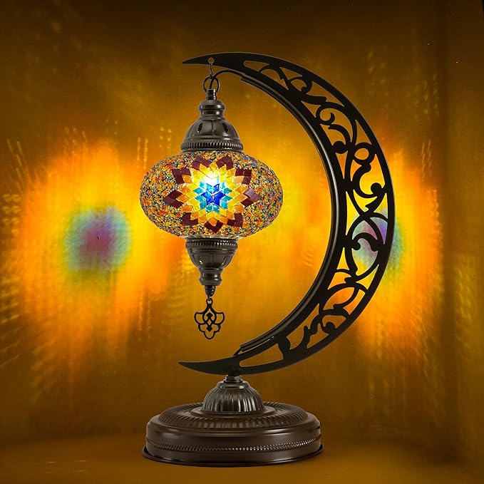 Mozaist Turkish Tiffany Style Moon Shape Table Lamp, Moroccan Mosaic Crescent Handcraft Desk Light, Rustic Stained Glass Dining Room, Bedside Colorful Home Decor with E12 Socket & US Plug (Sunflower)