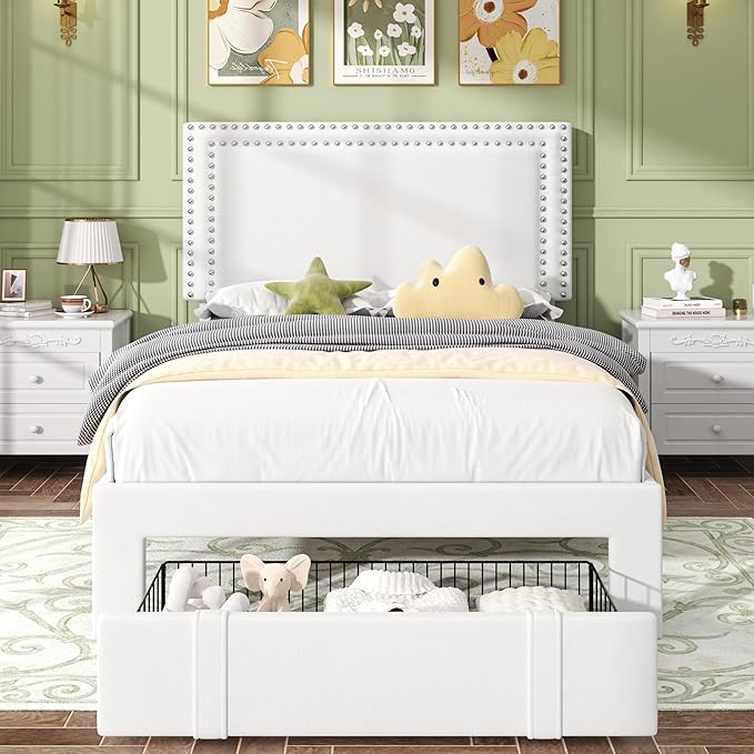 VECELO Twin Platform Bed Frame with Storage Drawer, Adjustable Velvet Headboard, Wooden Slats Support, No Box Spring Needed, Easy Assembly