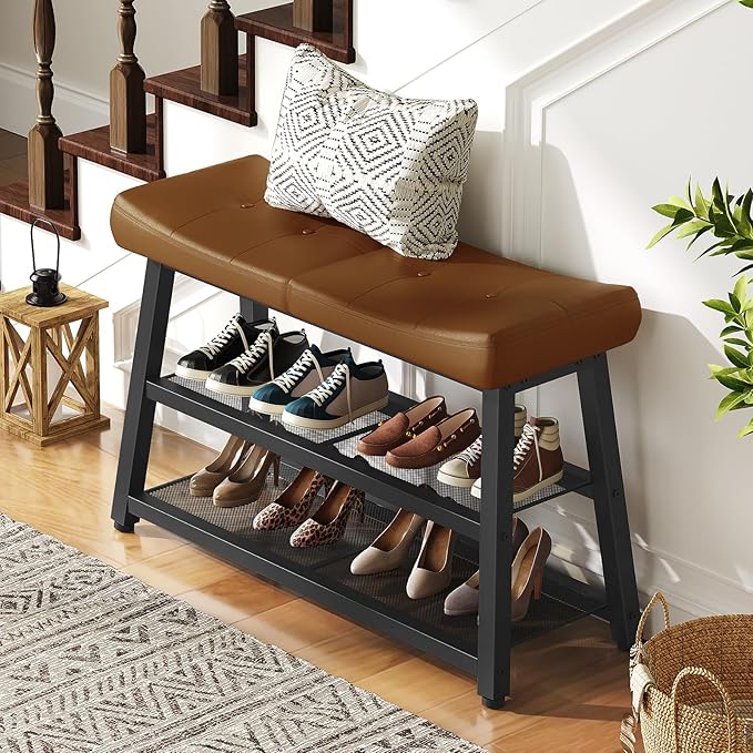 Shoe Bench, 3-Tier Shoe Rack, Entryway Bench with Storage and Cushion, for Hallway, Foyer, Bedroom, Brown and Black HX02BV