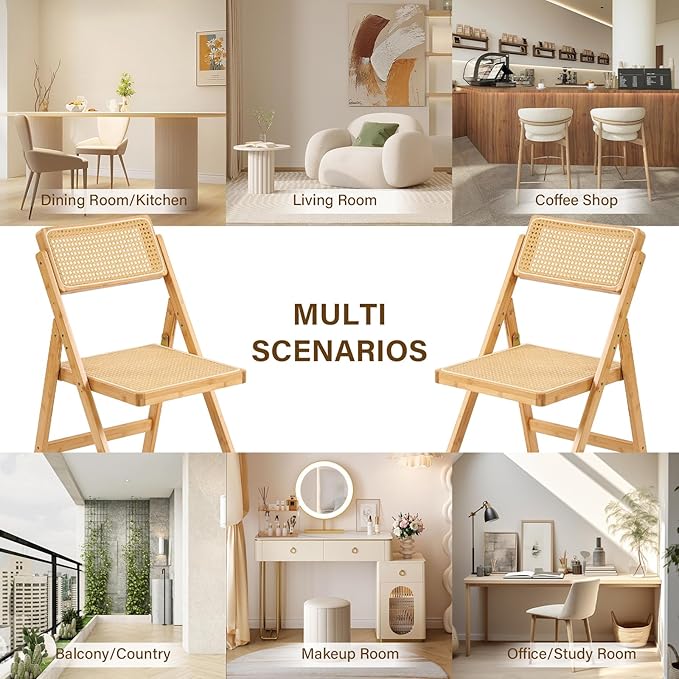 Rattan Folding Chair, Modern Mid Century Dining Chair Set of 1, Outdoor Bamboo Chairs for Bedroom Living Room Reading Room Dining Kitchen, Wood