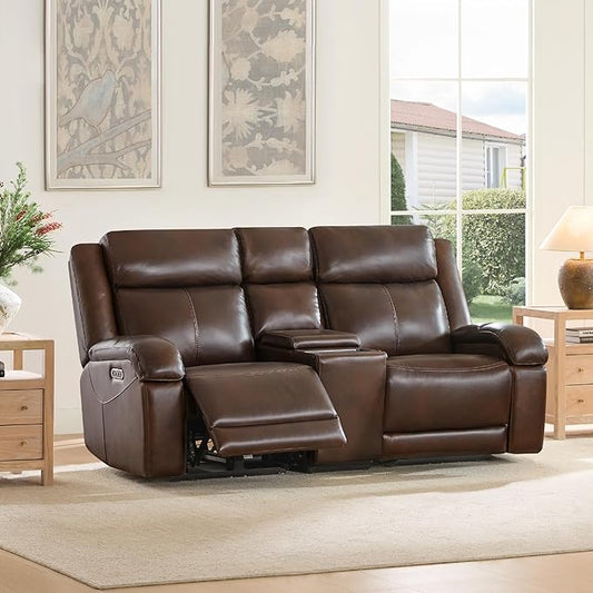 Watson & Whitely Genuine Leather Power Loveseat Recliner Sofa, Wall Hugger Loveseat Reclining Sofa with Storage Console, Power Headrest, Cup Holders, Dual Recliners for Living Room, RV, Dark Brown