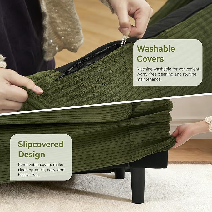 86" Loveseat Sofa Green Corduroy Couch,Modern Cloud Sofa Love Seat, Deep Seat Slipcovered Sofa with 2 Wide Armrest Pillows for Small Spaces Apartment Studio Office Bedroom Living Room