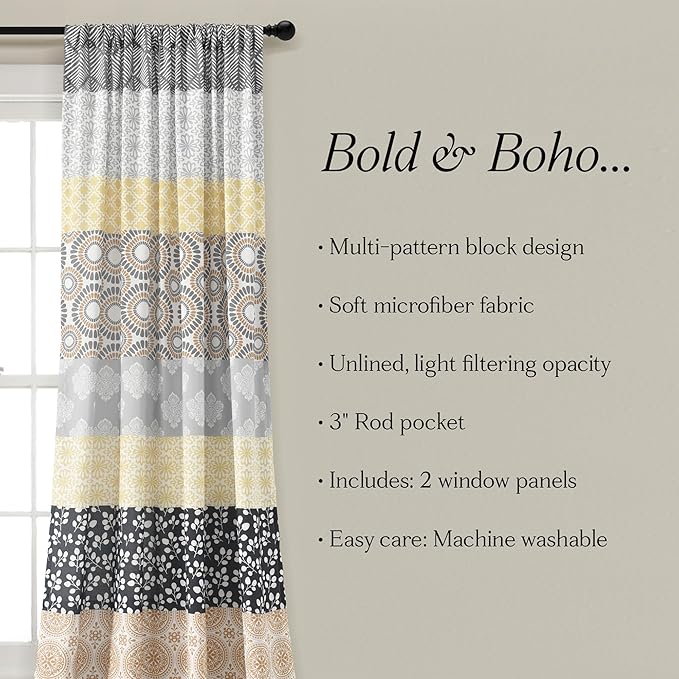 Lush Decor Bohemian Stripe Window Curtain Panels, Pair 52" W x 84" L Yellow & Gray - Light Filtering Curtains for Bedroom - Boho Curtains - Maximalist Decor