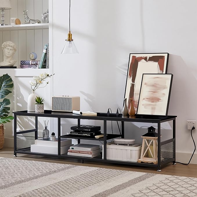 VECELO TV Stand with Power Outlets for Televisions up to 75Inch, 62" Media Entertainment Center with Charging Station 3-Tier Open Storage Shelves with Metal Frame for Living Room/Bedroom，Black