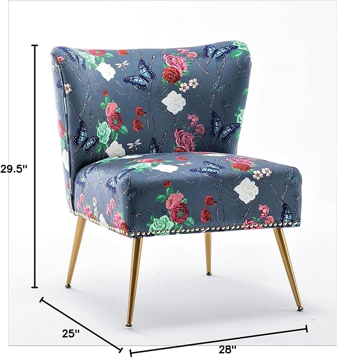 Thia Armless Accent Chair for Living Room, Elegant Seat with Nailhead Trim, Gold Metal Legs and Comfortable Curved Back, 28" D x 25" W x 29.5" H, 07 Floral Print