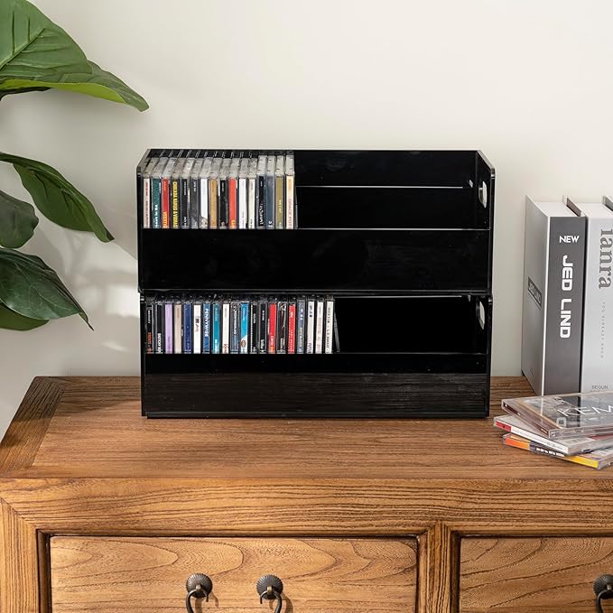MyGift Modern Premium Black Acrylic Stackable CD Holder Racks with Cutout Carrying Handles, Compact Disc Jewel Case Display Crates, Media Storage Organizers, Set of 2