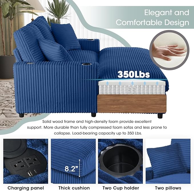 Eafurn 64" Oversized Chaise Lounge Chair Indoor, Plush Corduroy Upholstered Sofa Bed with Pillows & 2 Cup Holders, Extra Wide Deep Seat Sleeper Couch Recliner Chair for Living Room | Removable Cushions, Wooden Frame, Solid Legs