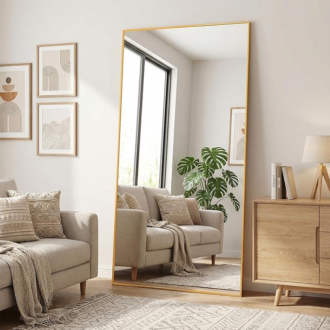 Full Length Mirror, 79"x32" Full Body Mirror, Floor Mirrors with Stand, Body Mirrors Standing Hanging Leaning Against Wall,Aluminum Frame Mirrors for Bedroom Cloakroom,Living Room,Gold