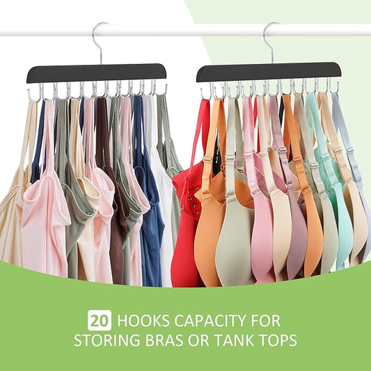 Bra Hanger for Closet, Tank Top Hanger 20 Hooks Capacity Sturdy Wood Space Saving Hanger Sport Bras Holder, Closet Organizers and Storage, Black 1 Pack
