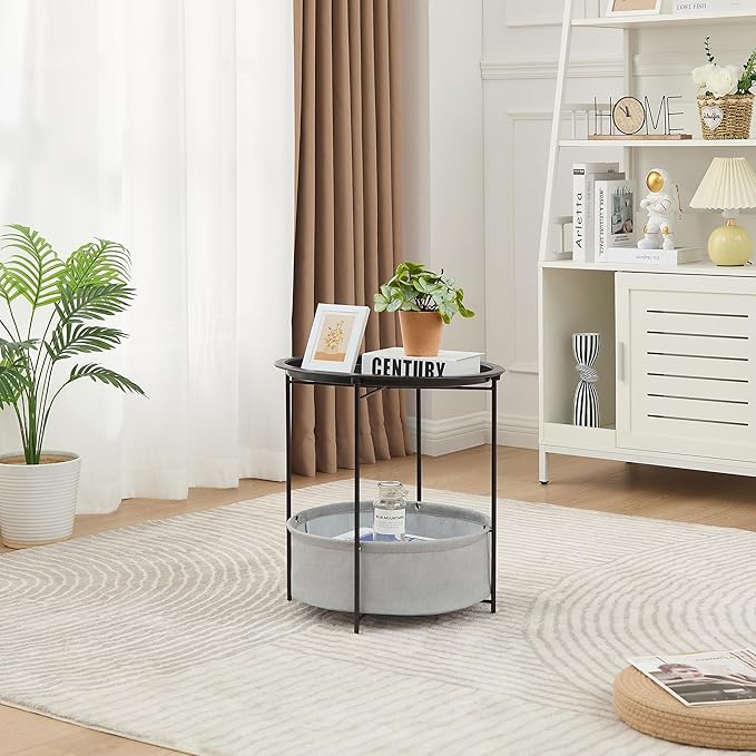 VECELO Round Side/End Table with Fabric Storage Basket，Metal Anti-Rust and Waterproof Small Bedside Nightstand with Removable Tray Top for Living Room，Balcony & Laundry，Black /1pcs with Basket