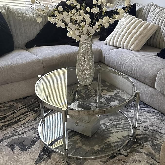 Tempered Glass Round Coffee Table, 28" Modern Acrylic Legs Circle Center Table for Living Room