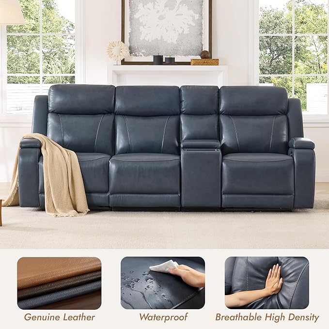 Watson & Whitely Genuine Leather Power Recliner Sofa with Console, 3 Seater Zero Gravity Reclining Sofa with Power Headrest & Flip Middle Backrest Table, Cup Holders for Living Room, Navy Blue