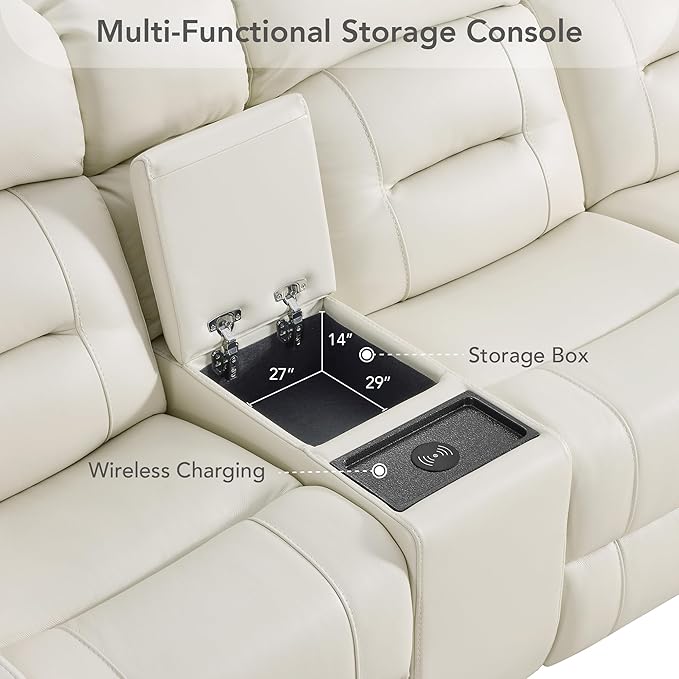Watson & Whitely Genuine Leather Power Recliner Sofa, Lay Flat Reclining Sofa with Storage Console, Power Headrest & Cup Holders, 3 Seater Electric Reclining Couch for Living Room, Cream