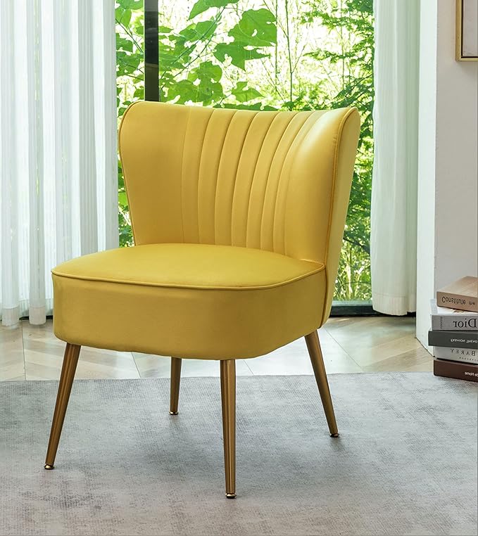 Modern Velvet Accent Chair for Living Room, Bedroom, or Entryway, Stylish and Comfortable Armless Design with Metal Legs, Yellow