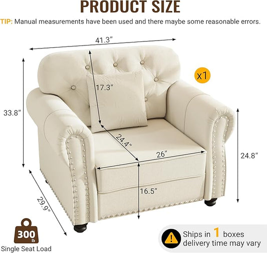 KEIKI 41" Velvet Chesterfield Sofa with Rolled Arms & Nailhead Trim, Modern Upholstered 1-Seater Button Tufted Couch with High Resilience Cushion & 1 Pillow, Easy Assembly, for Living Room, White