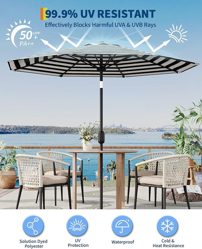 GarveeLife 9 ft Outdoor Patio Umbrella, Table Market Umbrella with Push Button Tilt and Crank, 8 Sturdy Ribs UV Protection Waterproof for Garden, Deck, Pool (Black-and-white striped)