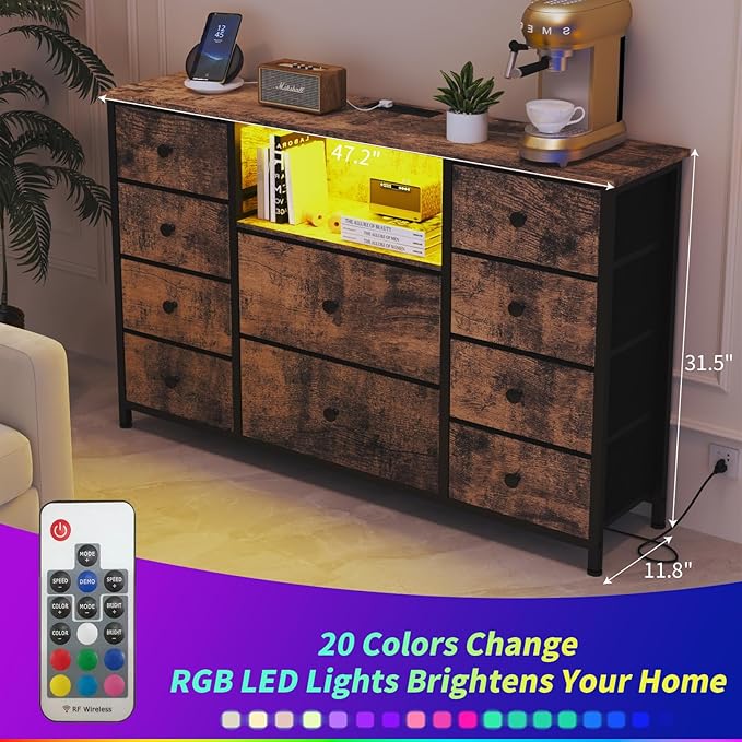 NONGSHIM Dresser with Charging Station and LED Lights, Long Dresser for Bedroom TV Stand with 10 Drawers, Fabric Chest of Drawers, Wide Storage Organizer, Rustic Brown, Dre003