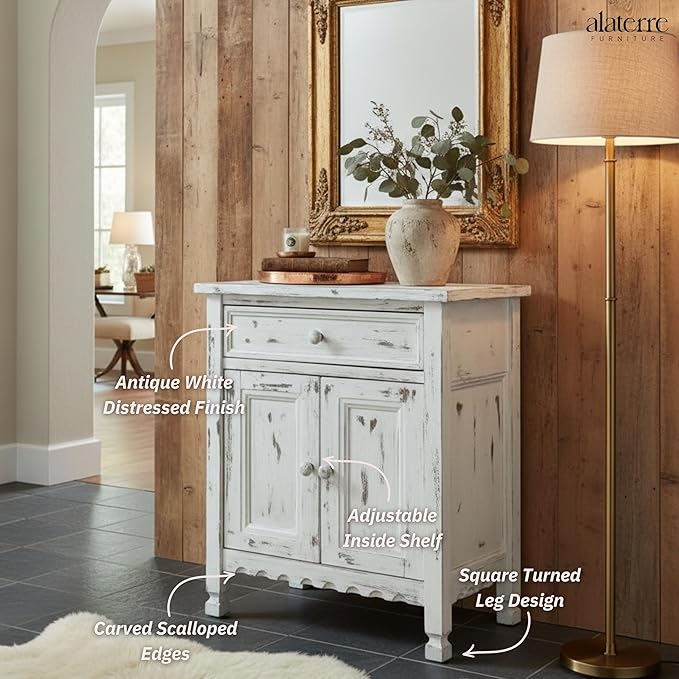 Alaterre Furniture Country Cottage Accent Cabinet with Drawer, Adjustable Shelf & 2 Doors – Modern Farmhouse Sideboard Buffet Storage Cabinet for Living Room, Dining Room or Entryway (White Antique)