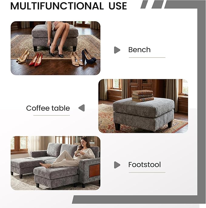 MALOL 118" Sectional U-Shaped Cloud Couch, Modular Modern 4-Seat Sofa, with USB Type C Ports, Foldable Side Table and 2 Ottomans, for Home Living Room, Grey