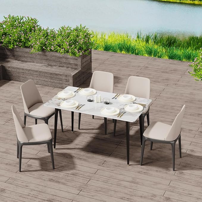 Wisfor Sintered Stone Dining Table: 47.2x27.5 Inch White Kitchen Table with Metal Legs - 6-Seat Breakfast Table for Dining Room, Restaurant (No Chairs)