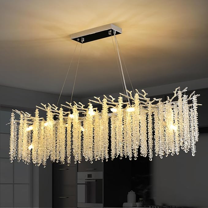 Modern Crystal Tree Branch Chandelier, Chrome Linear Rectangle Art Deco Raindrop Lighting Fixture for Dining Room Living Room Kitchen Island 16 Lights L59''