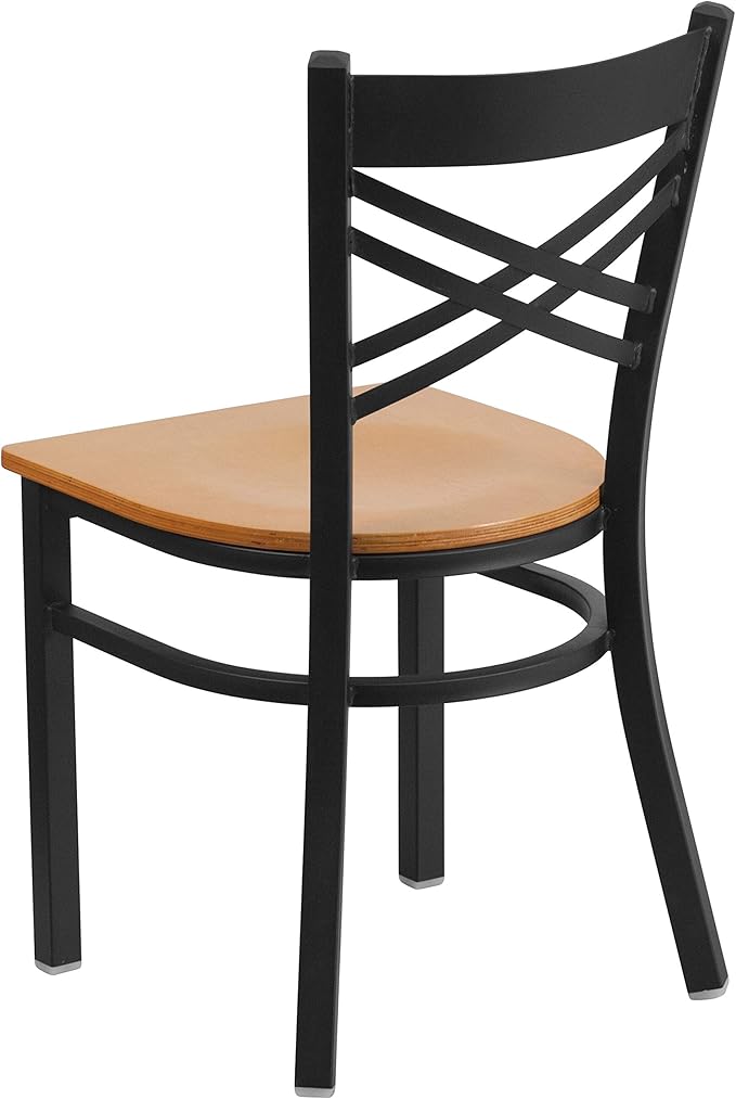 Flash Furniture HERCULES Series Black ''X'' Back Metal Restaurant Chair - Natural Wood Seat