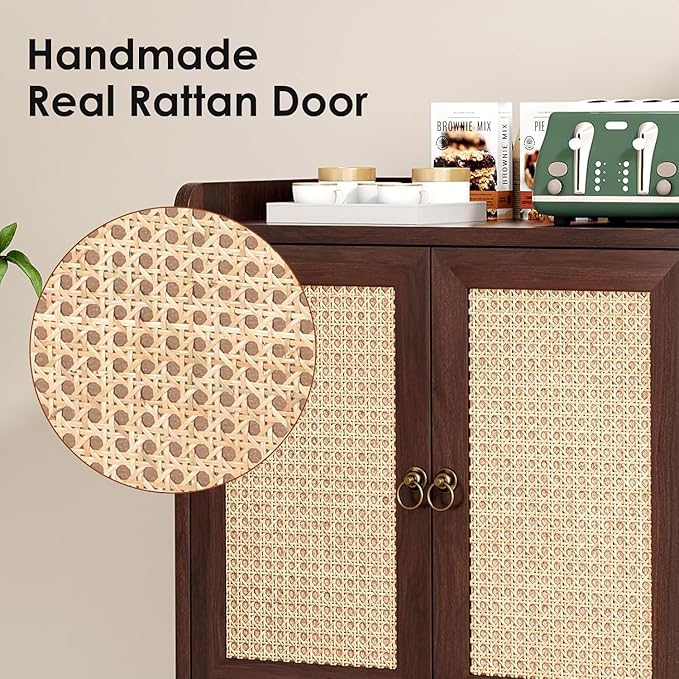 Sideboard Buffet Cabinet with Storage, Rustic Bar Liquor Cabinet with Boho Rattan Decorated Doors, Retro Credenza Console Table for Dining Room Living Room Hallway EntryWay, Walnut